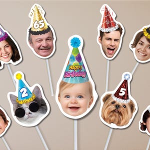 Party Hat Cupcake Topper Face Cupcake Toppers First Birthday Party Decor Dog Photo Cupcake Toppers Dog Birthday Cupcake Pet