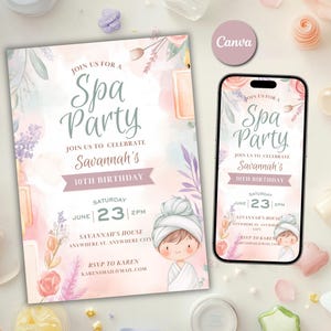Modèle de carte d'invitation d'anniversaire d'enfant sur le thème du spa, invitation à une fête au spa, invitation à une célébration d'anniversaire au spa pour filles, sur toile glamour pour vous chouchouter au spa