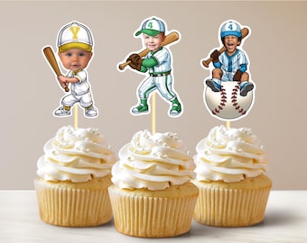 Baseball Personalized Face Cupcake Toppers, Custom Baby Face Cupcake Toppers, First Birthday Decorations, Milestone Birthday