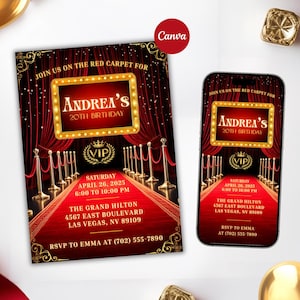 Red Carpet Invitation Card Red Carpet Gala Party Event Red Carpet-Themed Birthday Invite Hollywood Party Glitz & Glam VIP Party Canva