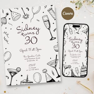 Cocktail-Themed Birthday Party Invite Template Cocktail Invitation For Adults 30th 40th 50th Birthday Hand Drawn Style Party Invite Canva