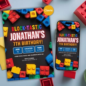 Building Blocks-Themed Birthday Invitation Template Building Block Bday Invite Colorful Bricks Building Bricks Kids Invite Canva