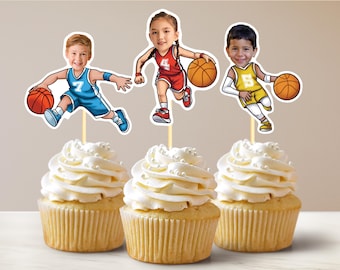 Basketball Personalized Face Cupcake Toppers Custom Baby Face Cupcake Toppers First Birthday Cupcake Toppers Milestone Birthday
