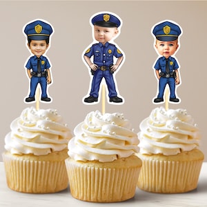 警察官の顔がプリントされたカップケーキトッパー、警察官の誕生日パーティー、警察官のケーキトッパー、警察官のパーティーデコレーション、警察官の退職