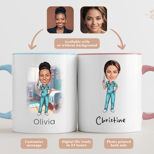 May include: Two white ceramic mugs with pink and blue handles. Each mug features a cartoon illustration of a nurse with a syringe, a hospital room background, and a name at the bottom. The mugs are available with or without a background.