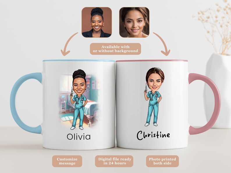May include: Two white ceramic mugs with pink and blue handles. Each mug features a cartoon illustration of a nurse with a syringe, a hospital room background, and a name at the bottom. The mugs are available with or without a background.