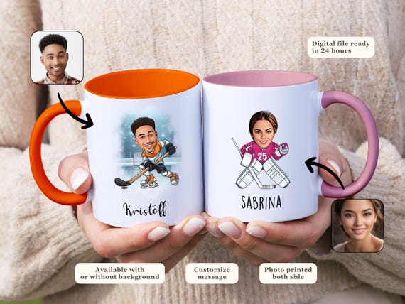 Custom Hockey Player Mug Personalized Cartoon Portrait Gift for Hockey Player Coffee Cup for Goalkeepers Gift for Athlete Hockey Season Gift