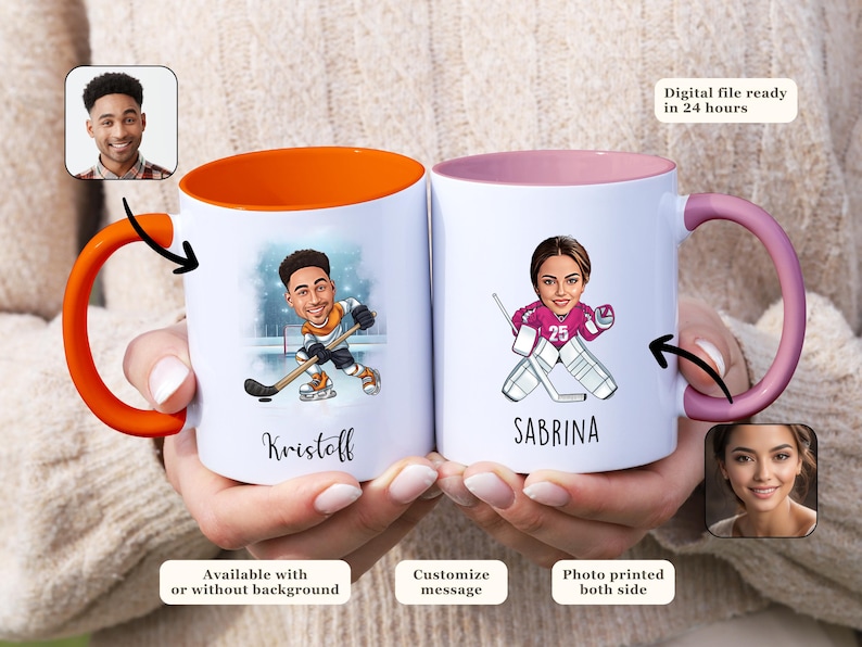 May include: Two white ceramic mugs with custom hockey player illustrations. One mug has an orange handle and interior, the other has a pink handle and interior. Text on the mugs reads "Kristoff" and "Sabrina".