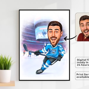 IJshockeyspeler karikatuurkunst aangepaste cartoon van fotocadeau voor ijshockeyliefhebber