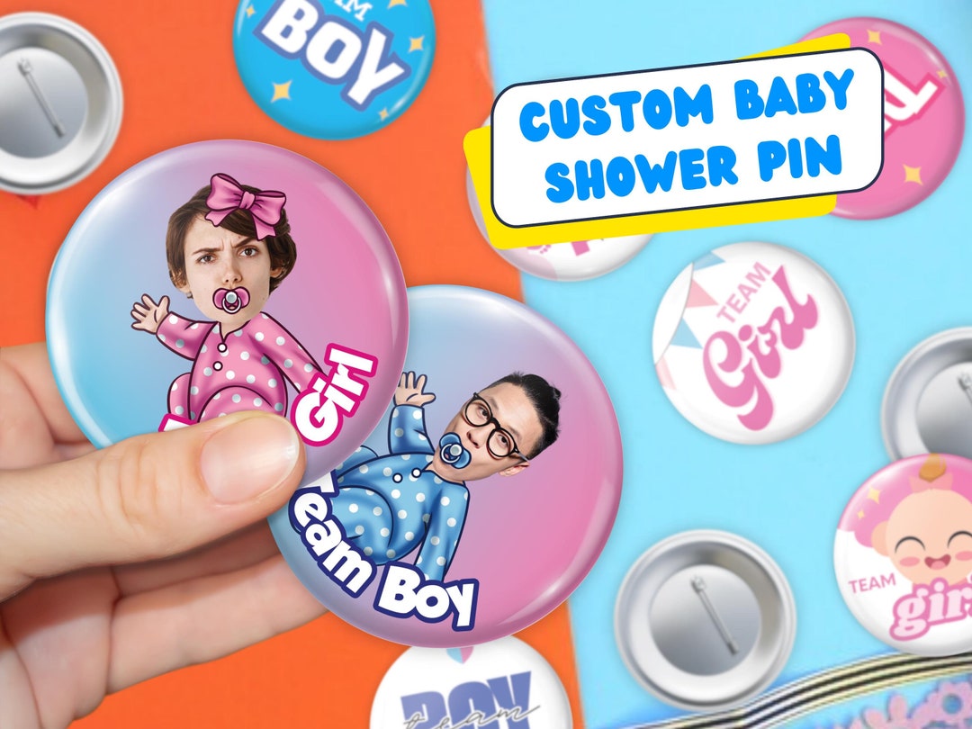Pin Beby Baby Shower Pin Back Buttons Custom Face Pins Baby Shower Team Boy Pins ...