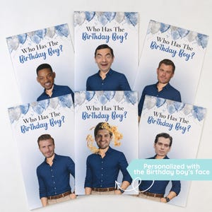 Puede incluir: Tarjetas con el texto "Who Has The Birthday Boy?" con imágenes de celebridades. Las tarjetas tienen un diseño de globos azules y blancos. También es visible el texto "Personalized with the Birthday boy's face".