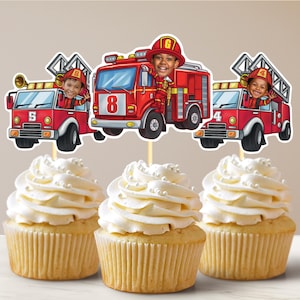 Topos de cupcake com rosto personalizado de caminhão de bombeiros, decoração para festa de primeiro aniversário, recorte de rosto de bebê, decoração de bolo personalizada, aniversário