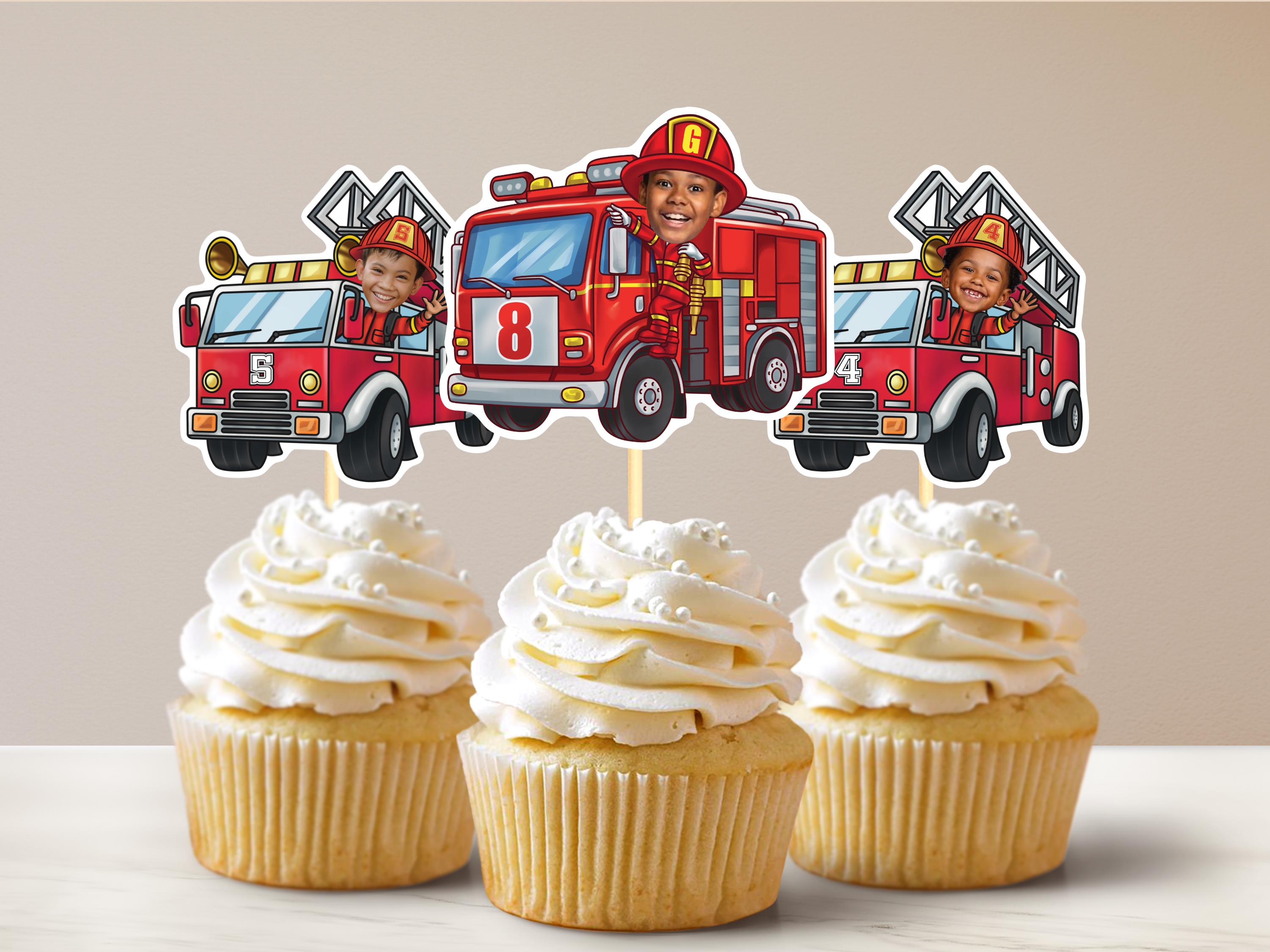 Decoraciones Para Tartas De Cumpleaños Con Tema De Bomberos - 24 Piezas De Cartón, Incluye Camión, Sombrero Y Más