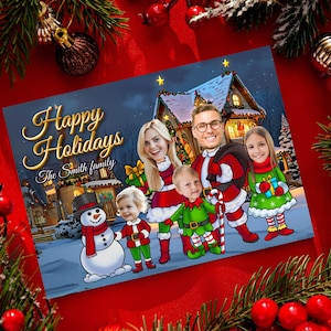 Carte de voeux de Noël photo amusante Carte de voeux de famille ou d'entreprise elfes avec visages Carte de Noël famille elfe Carte équipe elfe