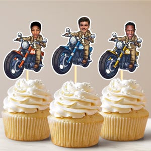 Topper per cupcake con faccia personalizzata a forma di motocicletta Topper per cupcake divertenti personalizzati a forma di motocicletta Decorazioni per compleanno Cupcake per motocicletta Torta per motocicletta