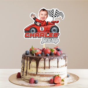 Topper per torta personalizzato con il primo giro, Topper per torta da corsa, Topper per cupcake con auto da corsa, Decorazione per feste stampabile, Topper per torta con auto sportive F1