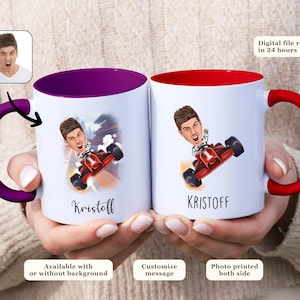 Taza personalizada con caricatura de piloto de F1. Regalo personalizado con retrato de dibujos animados para fanáticos de la Fórmula 1.