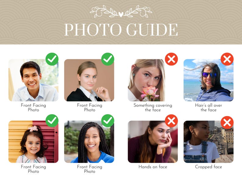 May include: A beige graphic with the words "PHOTO GUIDE" in white. The guide shows examples of acceptable and unacceptable photos, including front-facing photos and examples to avoid.