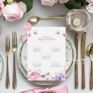 Menu Cards Floral Bridal Shower Table Cards Template Bridal Shower Templates Wedding Table Card Wildflower Menu Canva Template