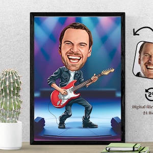Gepersonaliseerde gitarist cartoonportret, aangepaste karikatuurtekening gitarist van foto, grappige karikatuur gitarist, cadeau voor gitarist