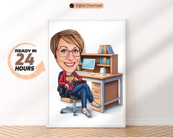 Retrato de caricatura de superjefa femenina personalizado, dibujo de caricatura de jefa femenina personalizado a partir de una foto, regalo divertido de caricatura de jefa para jefa