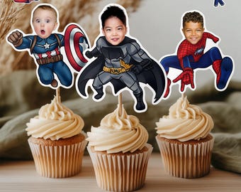 Adornos personalizados para cupcakes con cara de superhéroe: Decoración para fiestas de cumpleaños (digital y física)