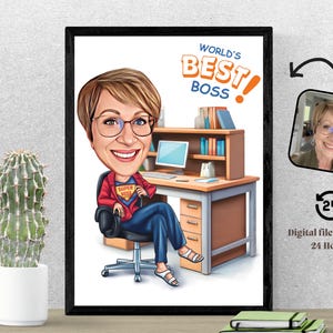 Personalized Female Super Boss Cartoon Portrait Custom Female Boss Caricature Drawing from Photo Funny Boss Caricature Gift for Boss