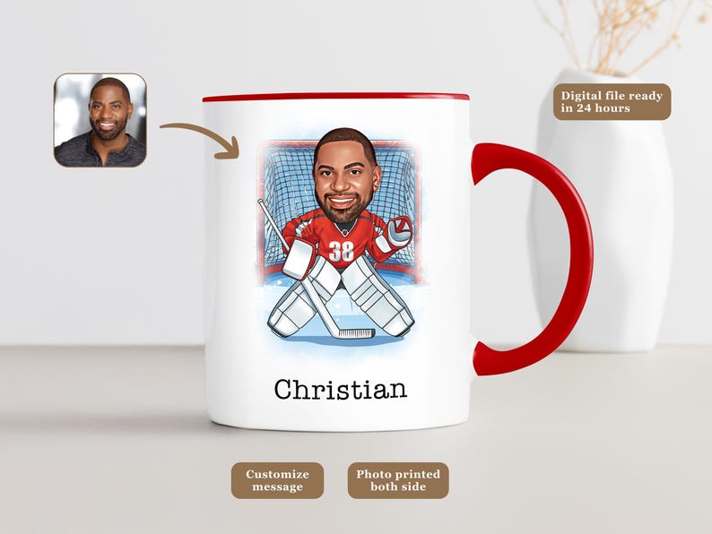 May include: White ceramic mug with a red handle and rim, featuring a cartoon illustration of a hockey goalie in red and white gear. The name "Christian" is printed below the image. A small photo of a man is in the upper left corner.