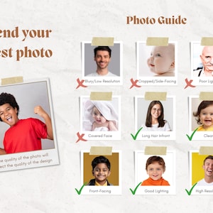 May include: A photo guide with examples of good and bad photos. The guide includes examples of blurry, cropped, and poorly lit photos, and examples of clear, front-facing, and high-resolution photos. Text reads "Send your best photo."