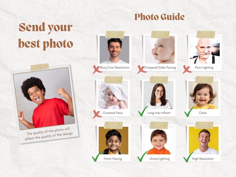 May include: A photo guide with examples of good and bad photos. The guide includes examples of blurry, cropped, and poorly lit photos, and examples of clear, front-facing, and high-resolution photos. Text reads "Send your best photo."