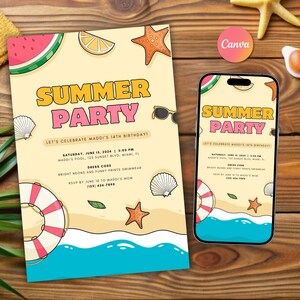 Summer Party Invitation Card Template Retro Summer Theme Summer Party Cool Party End Of Summer Party Pool Summer Party Canva
