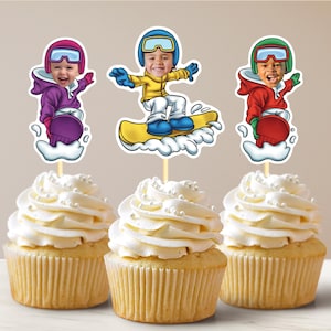 Snowboarding Cupcake Toppers Custom Photo Snowboard Cupcake Toppers Snow Sports Theme Face Toppers Personalized Cupcake Toppers
