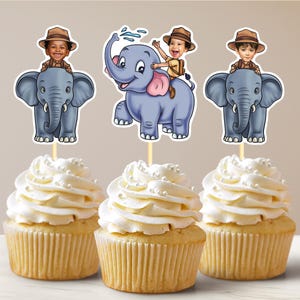 Safari Elephant Personalized Face Cupcake Toppers Jungle Party Jungle Birthday Boy 1st Birthday Jungle Theme Birthday Decorations