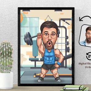 Caricatura di un culturista in palestra, cartone animato, ritratto di sollevamento pesi personalizzato, ciondolo regalo per lui