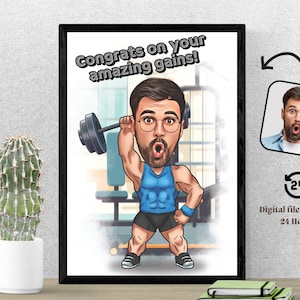 Sportschool Bodybuilder Karikatuur Cartoon Aangepast Gewichtheffen Portret Trinket Cadeau voor hem Cadeau met gepersonaliseerd bericht