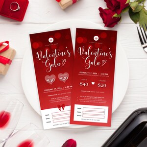 Printable & Editable Valentine's Day Gala Gift Ticket Template Red Pink Valentine's Day Gala Ticket Ticket Invitation Red Hearts Canva