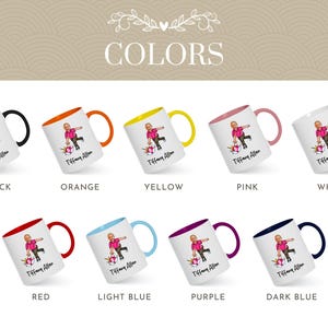 May include: A collection of white ceramic mugs with different colored handles and interiors. Each mug features a cartoon illustration of a person bowling and the name "Tiffany Allen". The mugs are available in black, orange, yellow, pink, white, red, light blue, purple, and dark blue.
