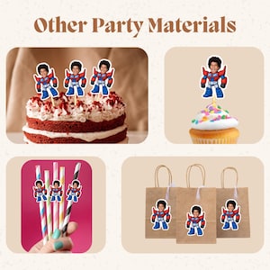 May include: Image featuring various party supplies. A red velvet cake and a cupcake are topped with superhero-themed cake toppers. Paper straws and brown paper gift bags are also decorated with the same superhero design. The text "Other Party Materials" is at the top.