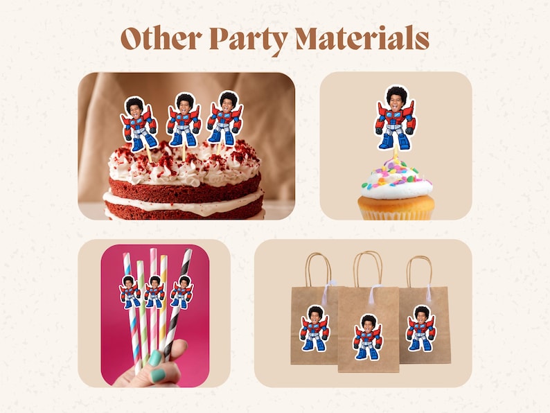 May include: Image featuring various party supplies. A red velvet cake and a cupcake are topped with superhero-themed cake toppers. Paper straws and brown paper gift bags are also decorated with the same superhero design. The text "Other Party Materials" is at the top.