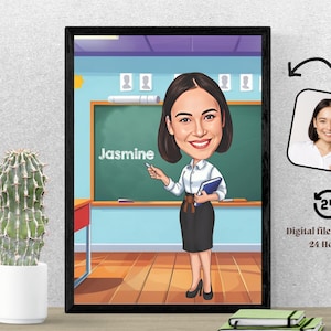 Retrato de caricatura de maestra personalizado, dibujo de caricatura de maestra personalizado a partir de una foto, caricatura divertida de maestra, regalo para maestra