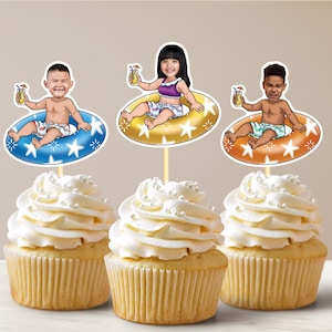 Pool Party Cupcake Toppers Summer Birthday Custom Face Cupcake Toppers Pool Party Summer Cupcake Toppers Pool Party Decor