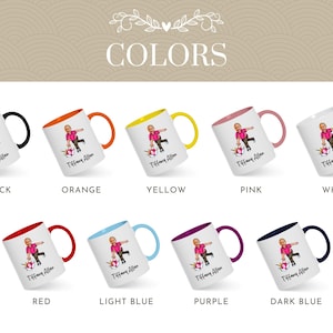 May include: A set of 10 ceramic mugs with different colored rims. Each mug features a cartoon illustration of a person playing soccer. The text "Tiffany Allen" is printed on each mug.