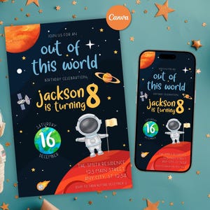 Customizable Kids Space Boy Digital Birthday Party Invitation Card Galaxy Party Invitation Template Space Birthday Astronaut Outer Space
