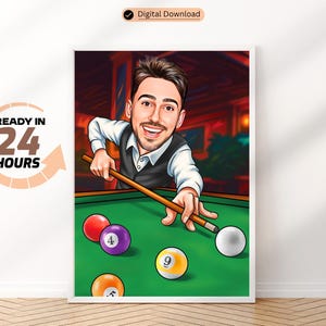 Custom Pool Player Caricature Portrait From Photo Billiards Player Gift 8-Ball Pool Funny Gift Sets with Your Photo & Name Cue Club Players