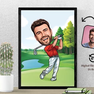 Funny Golf Cartoon Portrait Custom Golfer Caricature Drawing from Photo Funny Golfer Caricature Gift for Golfer