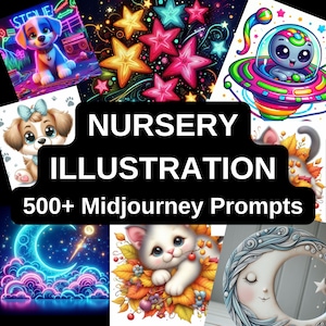 May include: A collection of colorful, neon-style illustrations featuring cute animals, stars, and a spaceship. The text "Nursery Illustration 500+ Midjourney Prompts" is displayed in the center of the image.