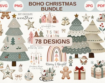 Boho Christmas SVG Bundle | Retro Christmas Clipart | 78 Designs in Svg, Png, Jpg, Pdf | Compatible with Cricut & Silhouette⎪Retro Designs