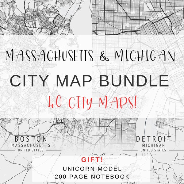 Massachusetts & Michigan City Map Bundle | 40 Printable Wall Art Maps for Home Decor ⎥ Wall Art Bundle⎥ Printable City Map