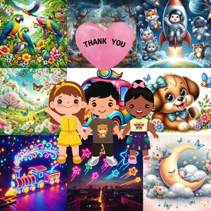 May include: A collage of colorful illustrations featuring a heart-shaped balloon with the text "Thank You", a cartoon train with glowing lights, a rocket ship with an astronaut, a group of children, a dog, and a sleeping baby on a crescent moon.