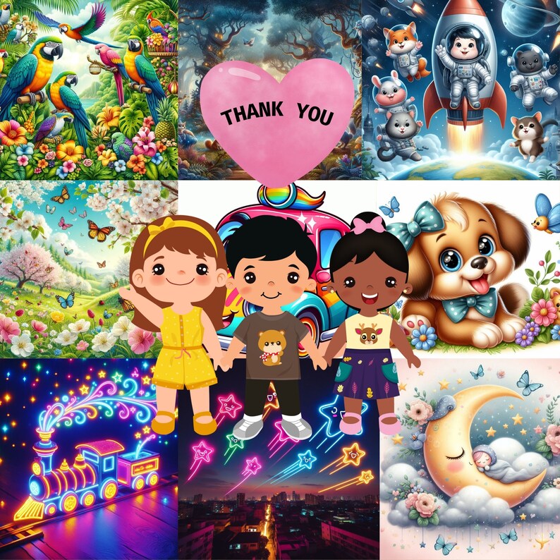 May include: A collage of colorful illustrations featuring a heart-shaped balloon with the text "Thank You", a cartoon train with glowing lights, a rocket ship with an astronaut, a group of children, a dog, and a sleeping baby on a crescent moon.